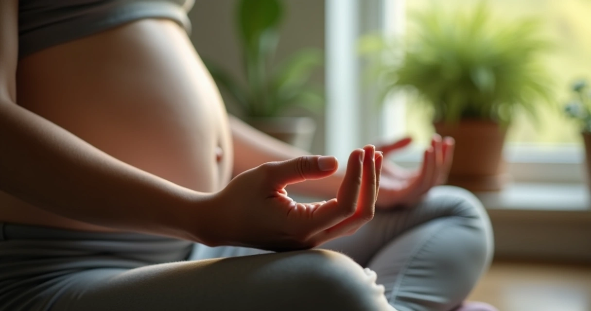 Close-up of hands resting on a lap, with soft natural light, focused on breathing 