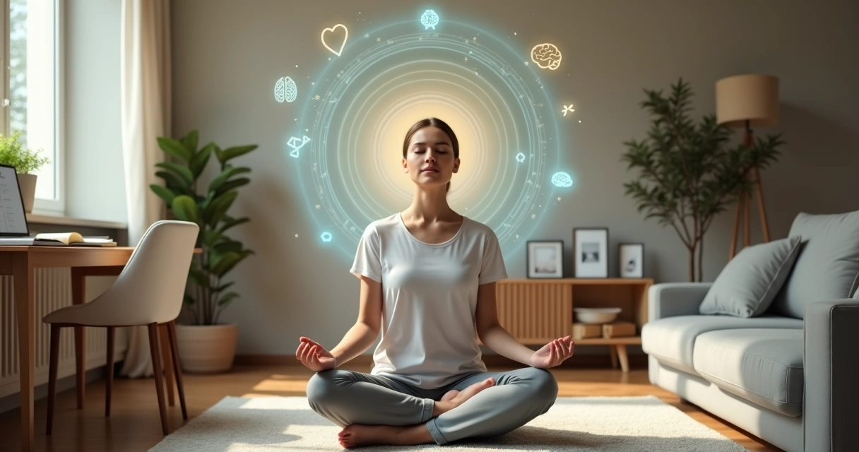 Person practicing mindful breathing surrounded by daily life icons and abstract light circles 