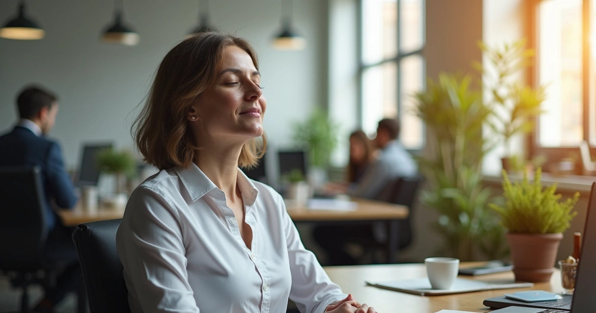 Person sitting at desk practicing mindful breathing