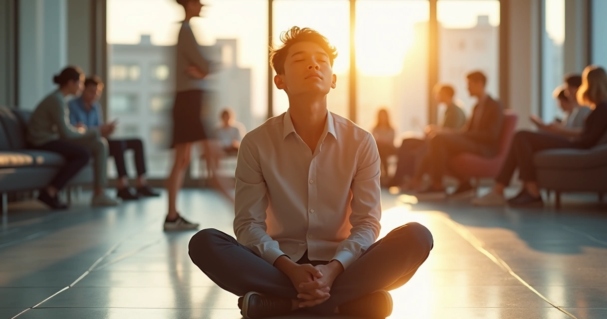 Person sitting calmly, eyes closed, practicing mindful breathing amid busy surroundings. 