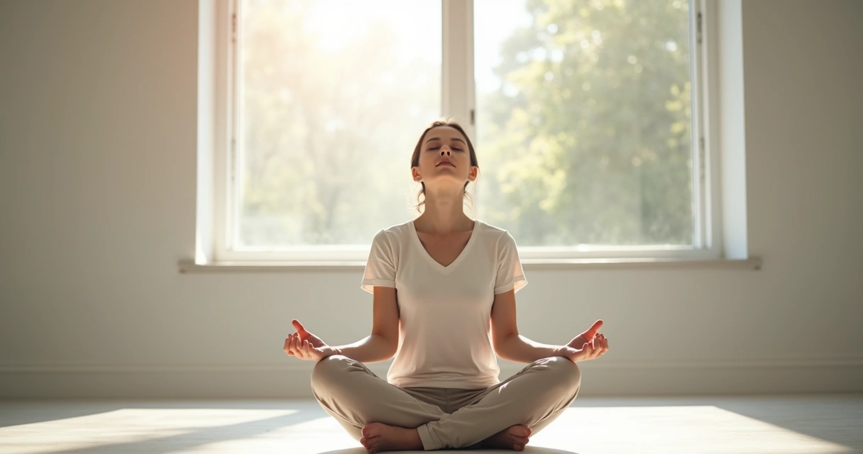 Woman sitting cross-legged, eyes closed, hands on knees, practicing mindful breathing 
