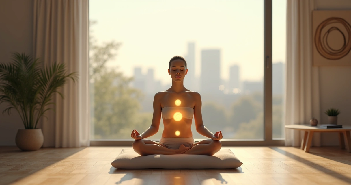 Person meditating mindfully with light trail connecting mind heart and environment 