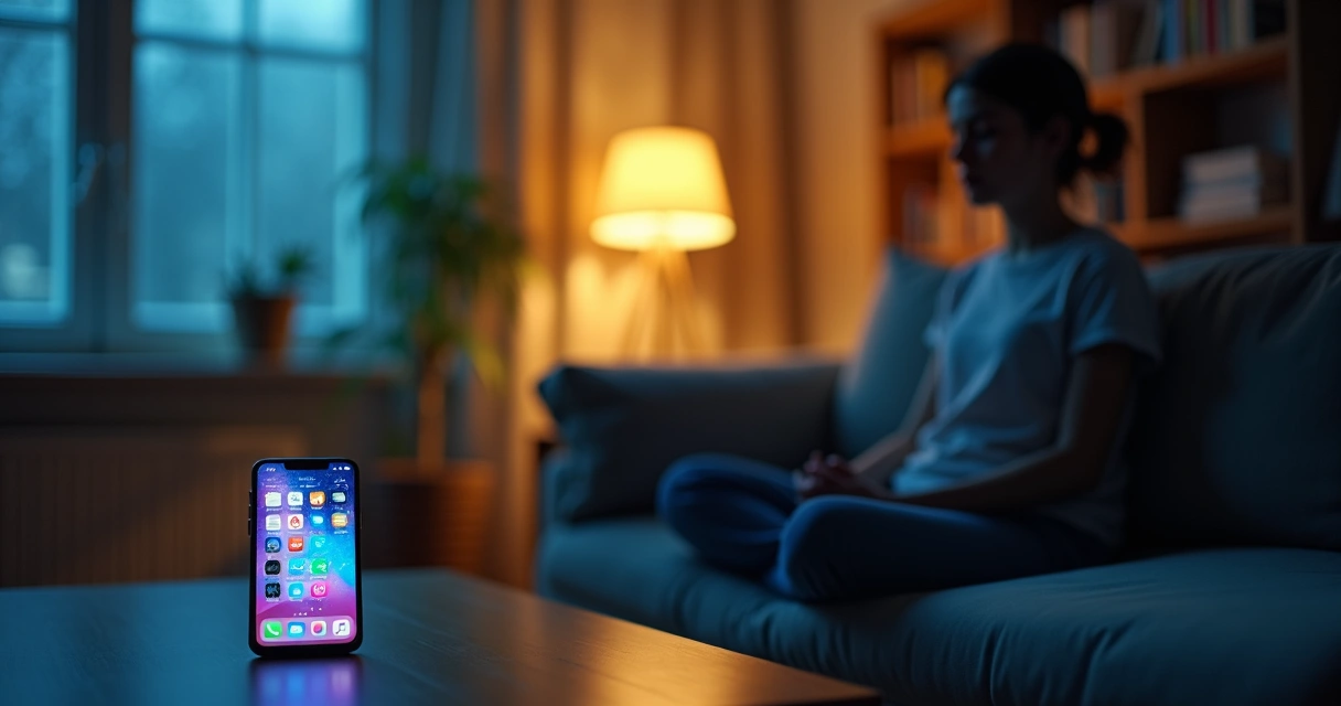 Young adult practicing mindful breathing beside a glowing phone screen with social media feed 