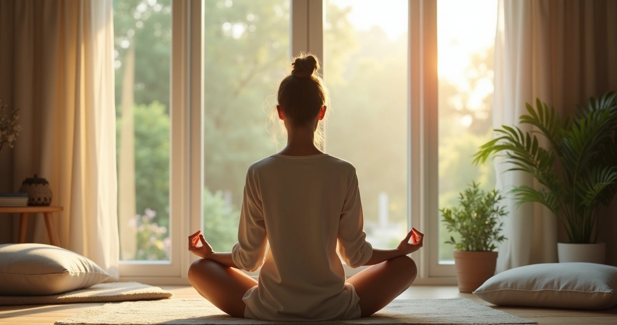 Person practicing mindful breathing near a window 