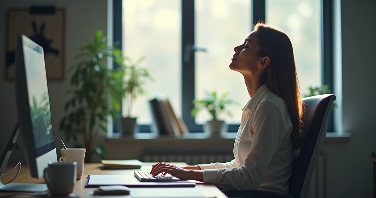 Person sitting at desk practicing mindful breathing, calm workspace 