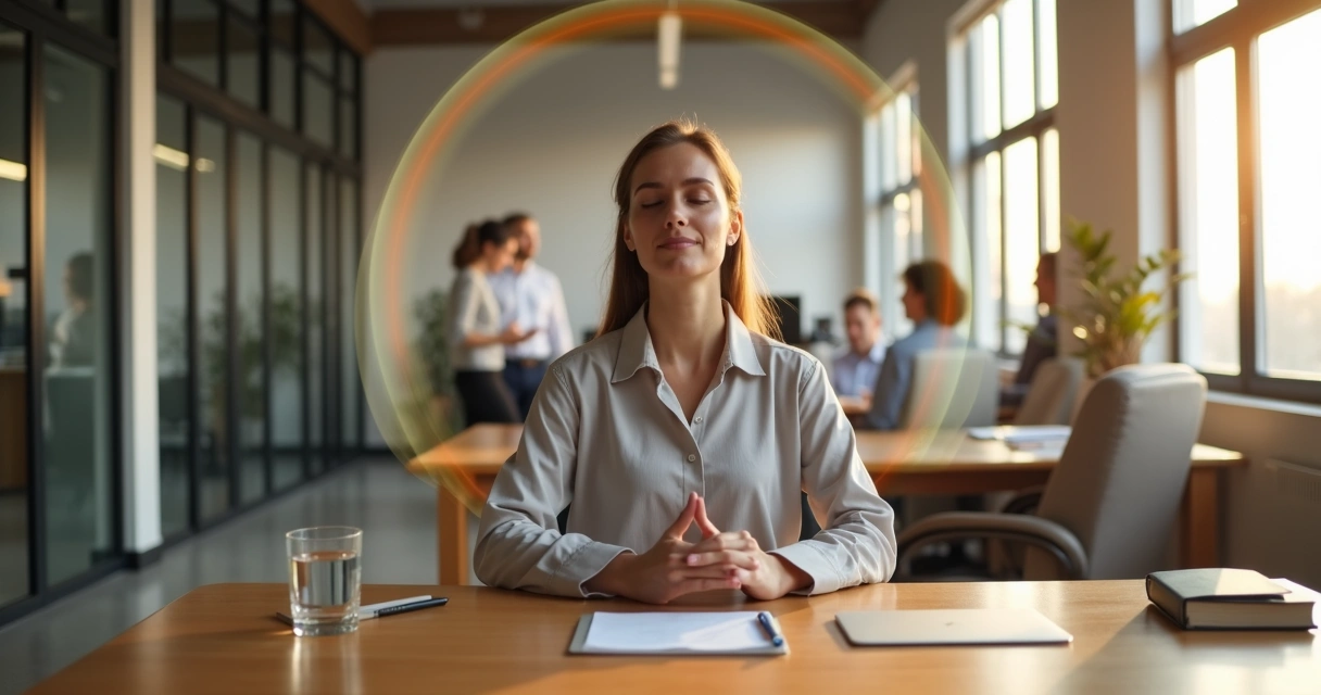 Professional practicing mindful breathing at desk with subtle protective boundary glow 