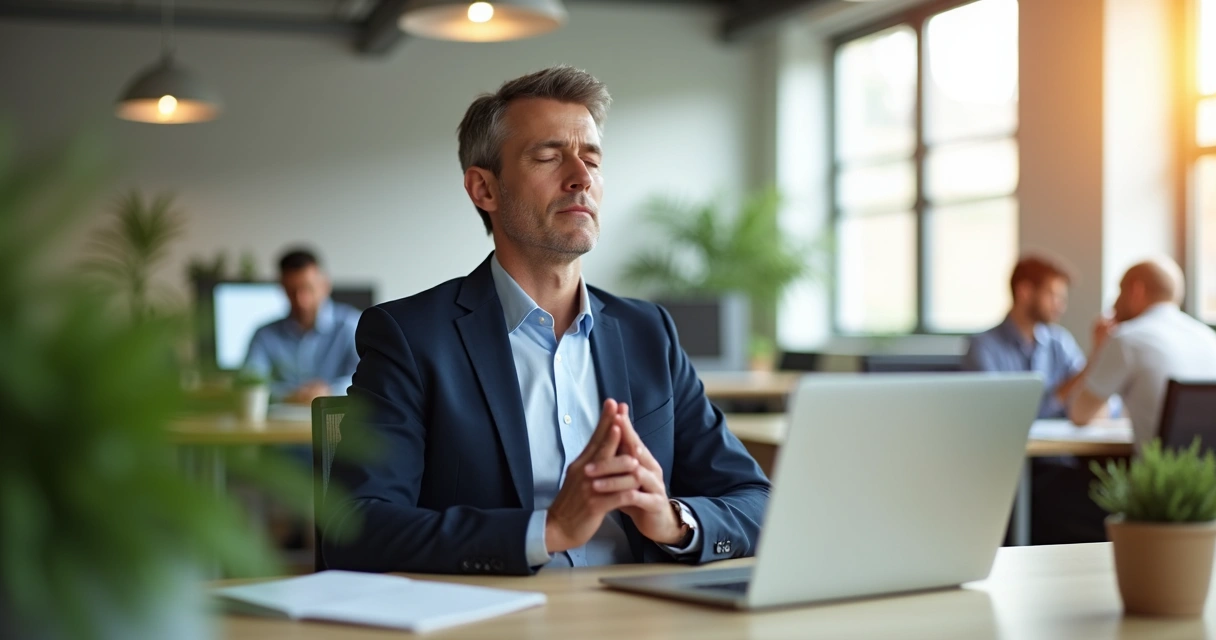 Employee practicing mindful breathing at desk