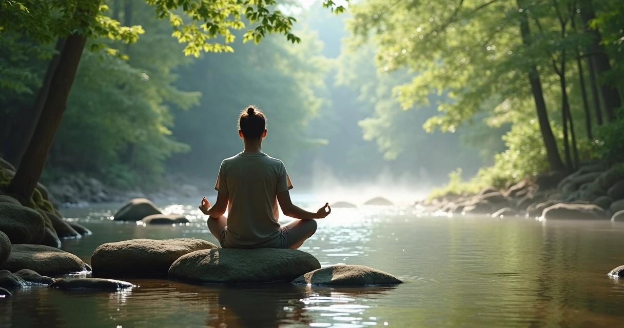 Person practicing mindful breathing seated on rocks by a calm river 
