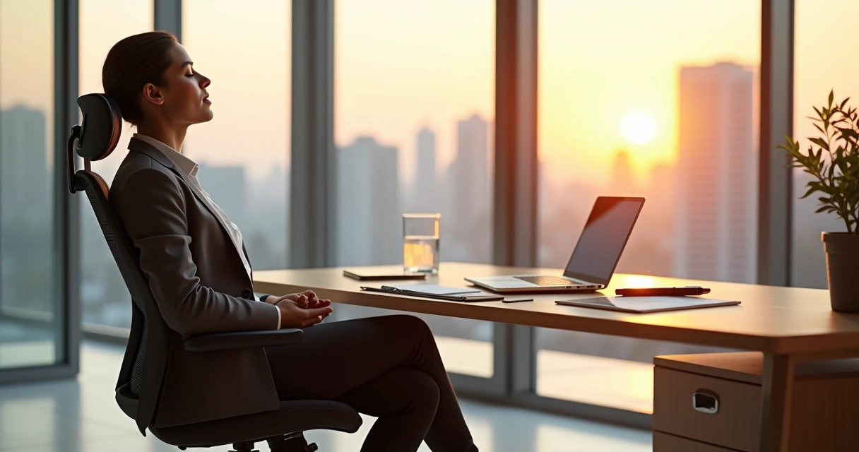 Business leader meditating at desk in a calm modern office 