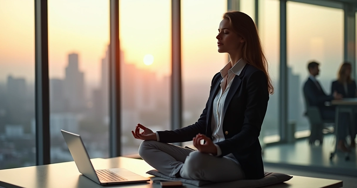 Business leader meditating in a modern office with city skyline view 