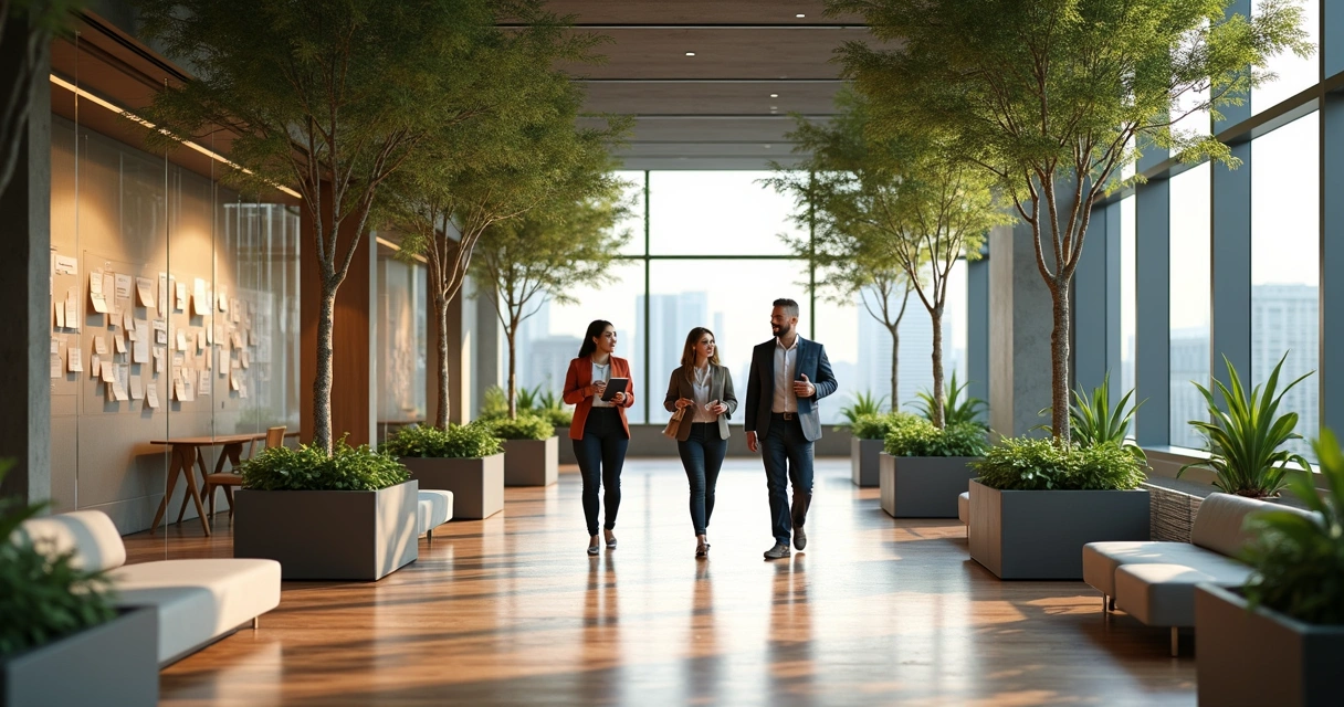 Team walking through office walkway lined with indoor trees and calm lighting 