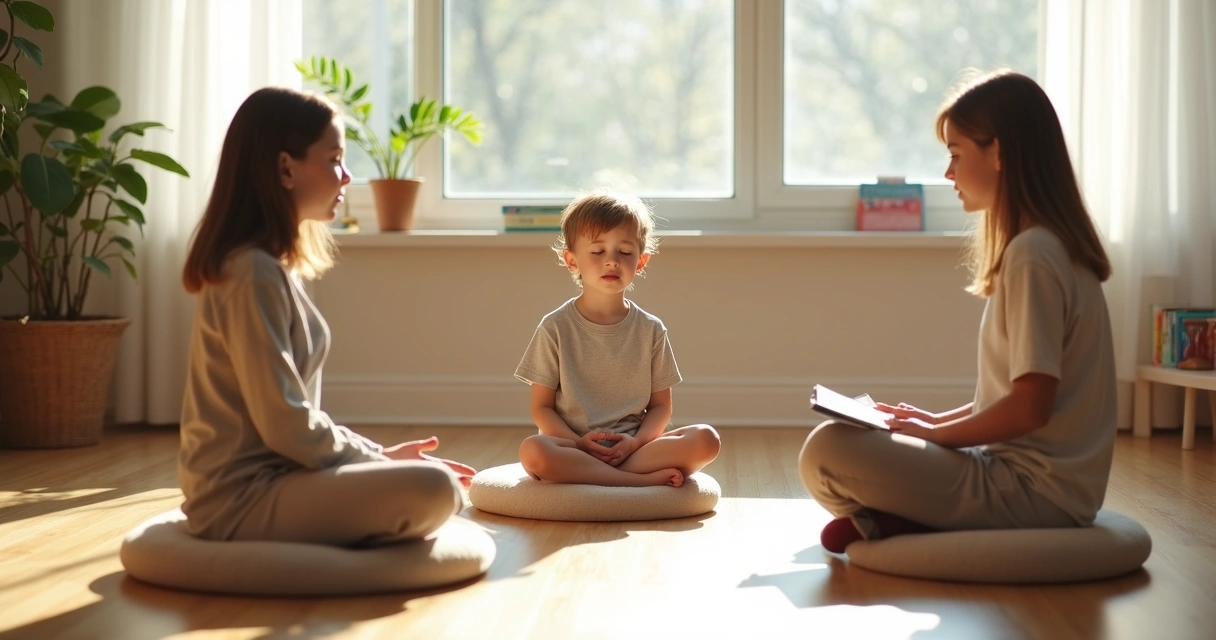 Teacher guiding child in mindfulness while checking notes nearby 