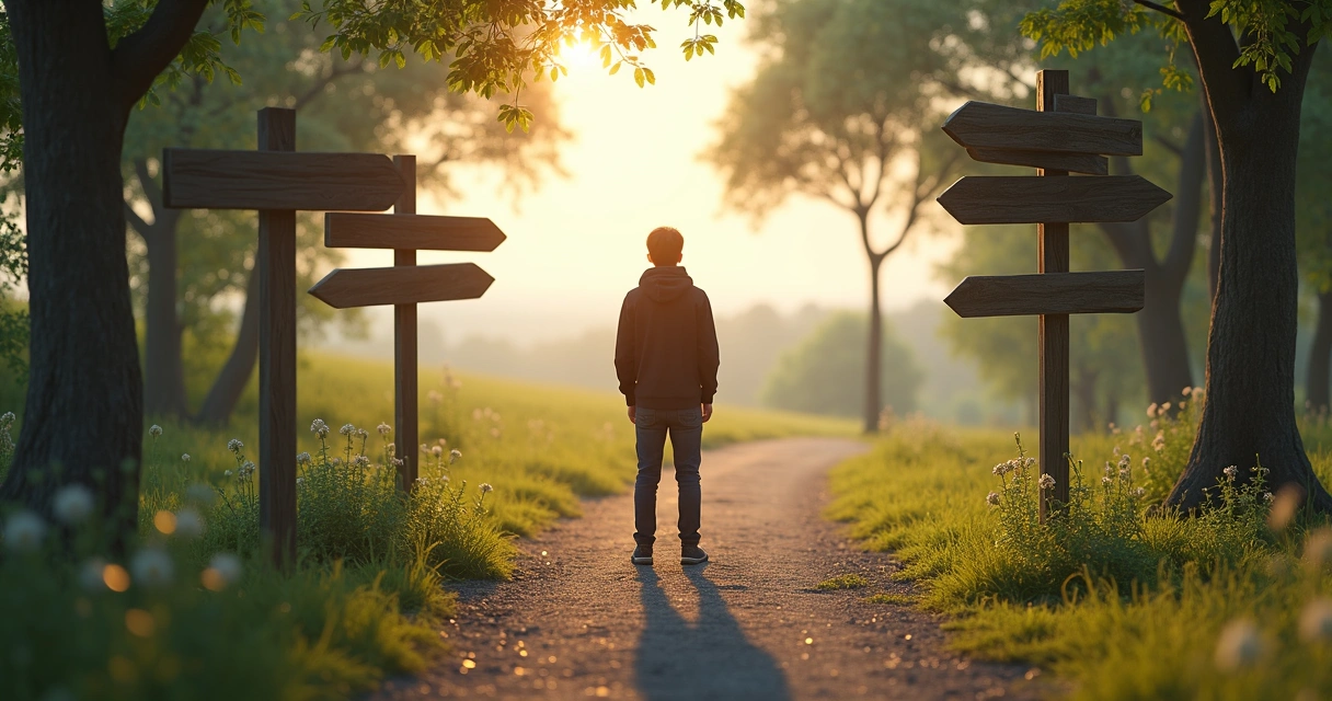 Person standing at a crossroads, looking at multiple signposts. 
