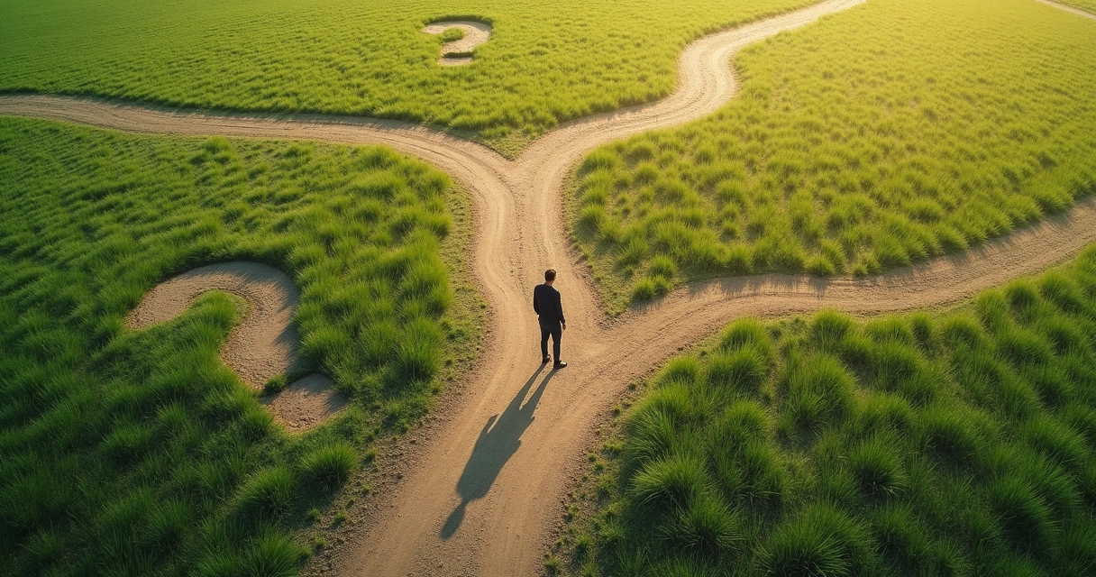 Overhead view of a person at a path crossroads