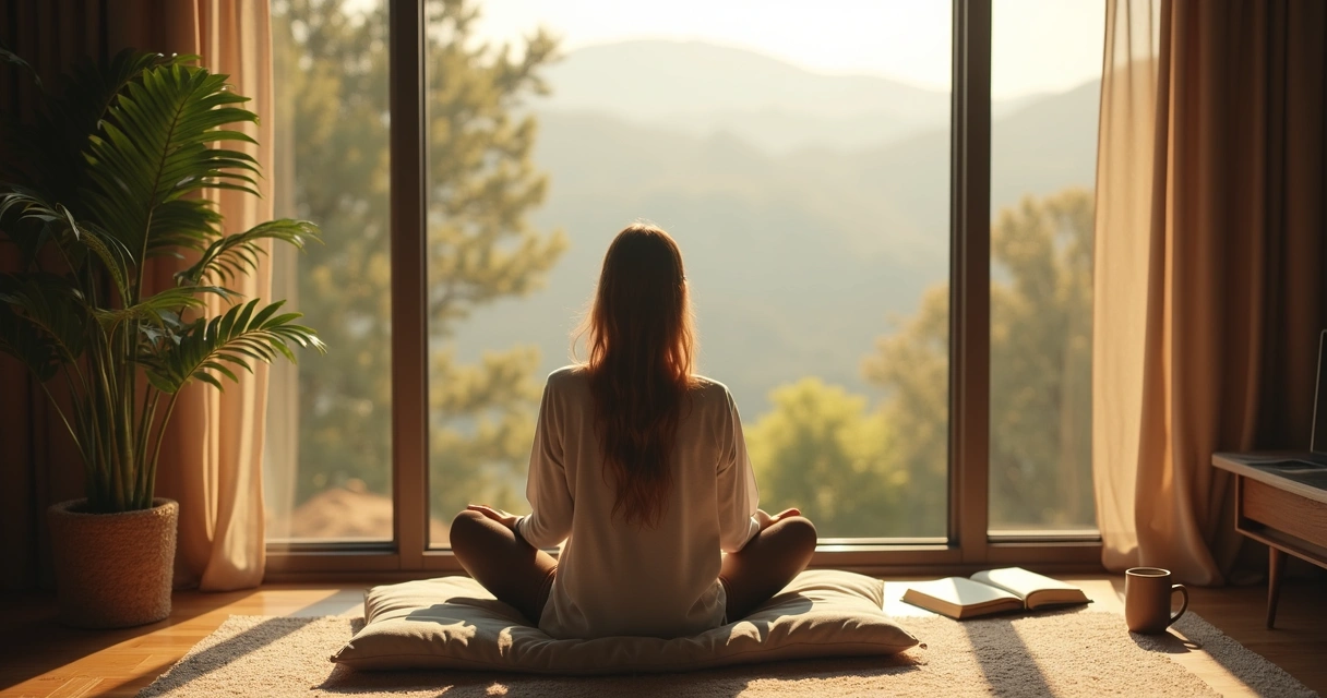 Person sitting quietly and reflecting after making a decision, sunlight coming through a window, calm outdoor nature view. 