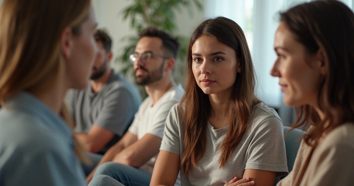 Person pausing thoughtfully before speaking in a conversation