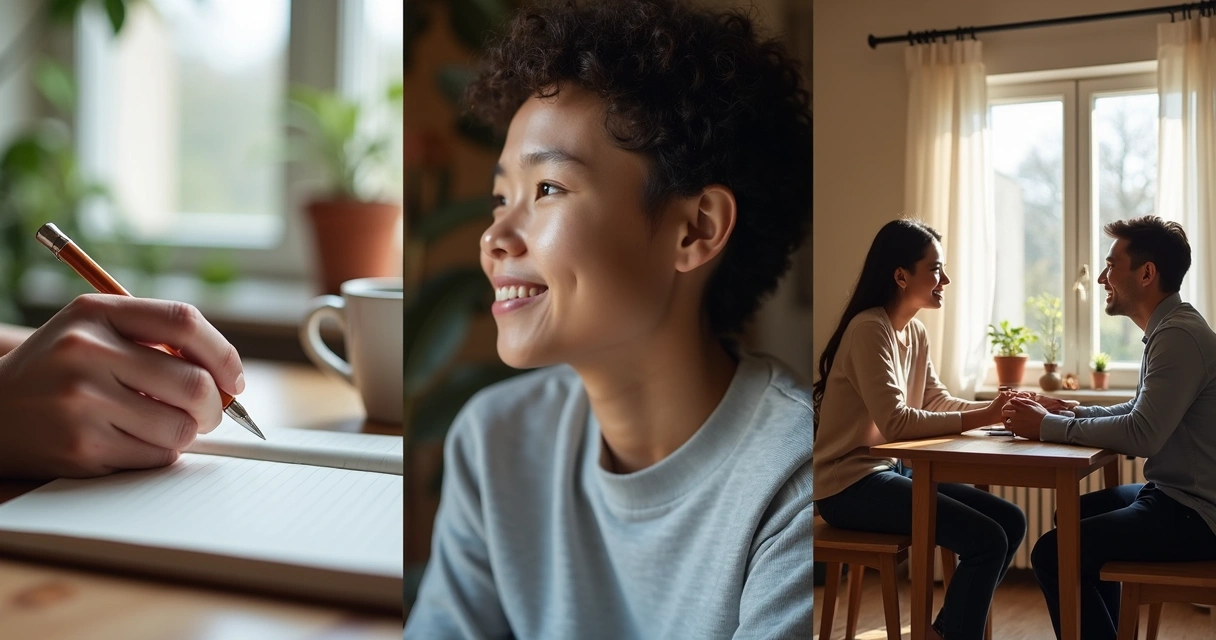 Collage showing hands journaling, a person listening attentively, and two people sharing a peaceful conversation 