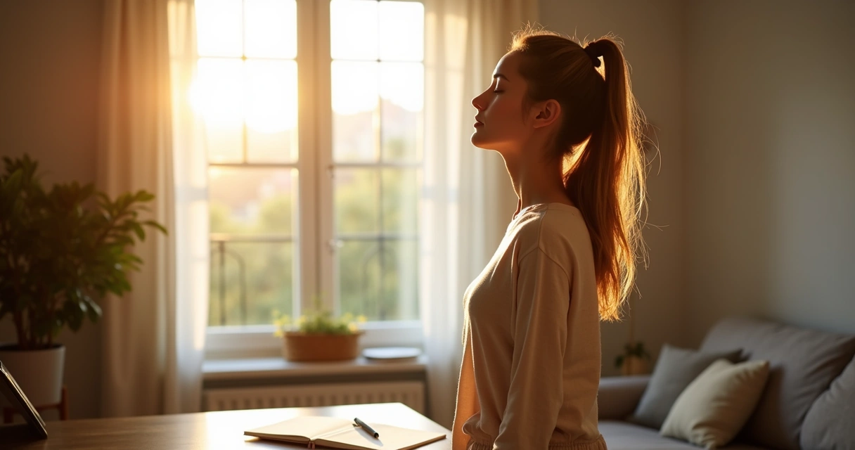 Woman taking mindful break in sunlight 