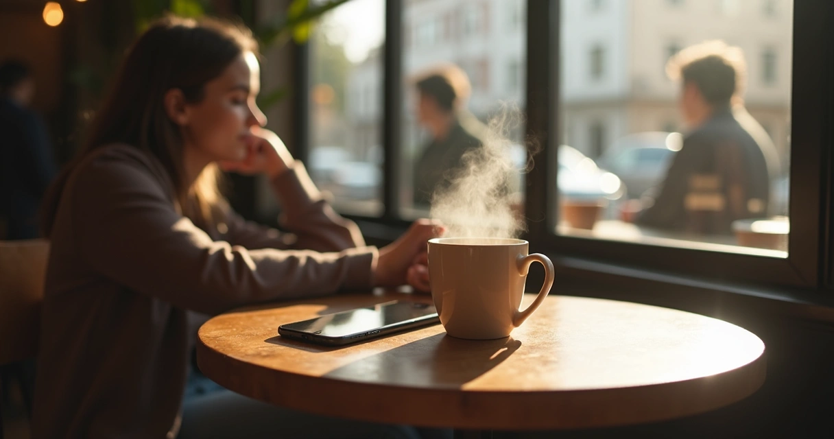 Person sitting at a cafe table taking a mindful pause with a cup of coffee 