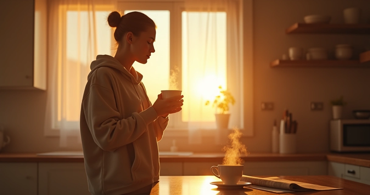 Person pausing to breathe with coffee in hand