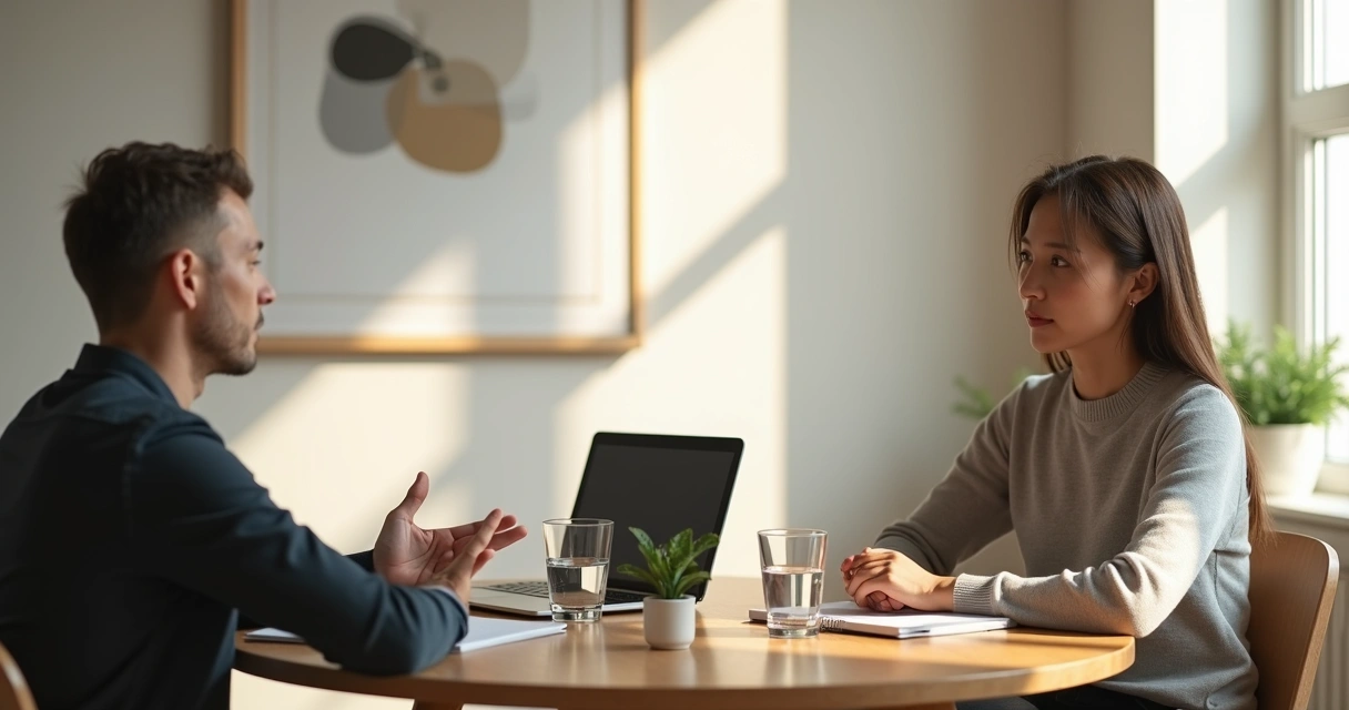 Two people practicing mindful communication in a calm meeting room 