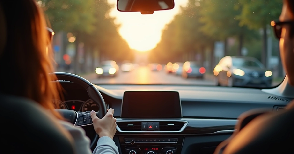 Person taking a calm breath inside a parked car during a commute