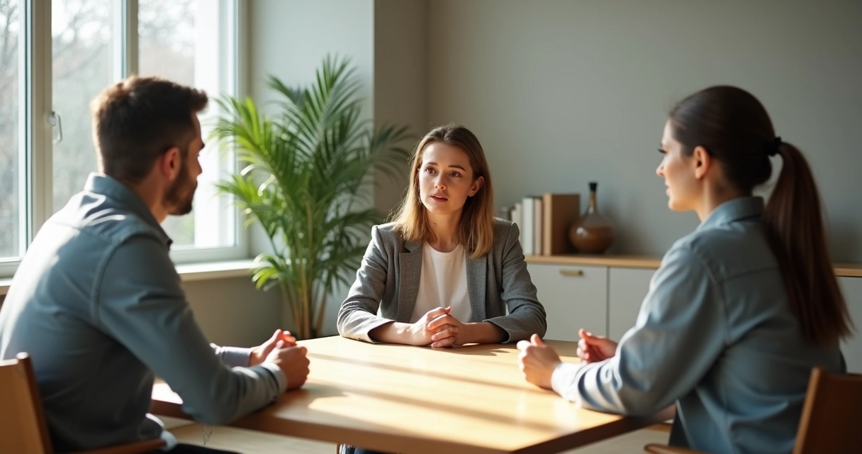Two people in calm conversation with a mediator practicing mindful presence 