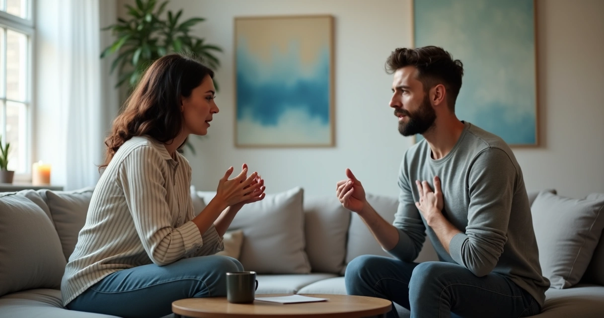 Man and woman in tense discussion with one practicing mindful breathing 