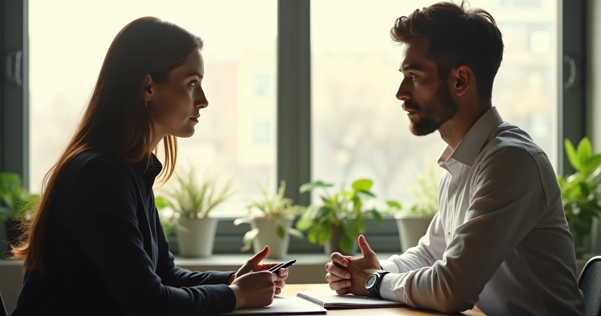 Woman and man sitting on opposite sides of a table in a modern office, quietly making eye contact, both with calm faces, a notebook and pen between them, sunlight streaming through a window, indoor plants adding color to the background. 