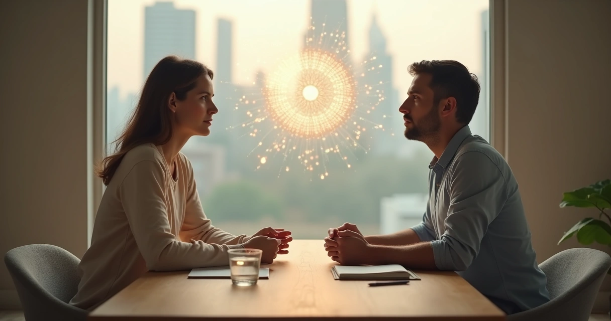 Two people in calm dialogue separated by a glowing mandala in the middle 