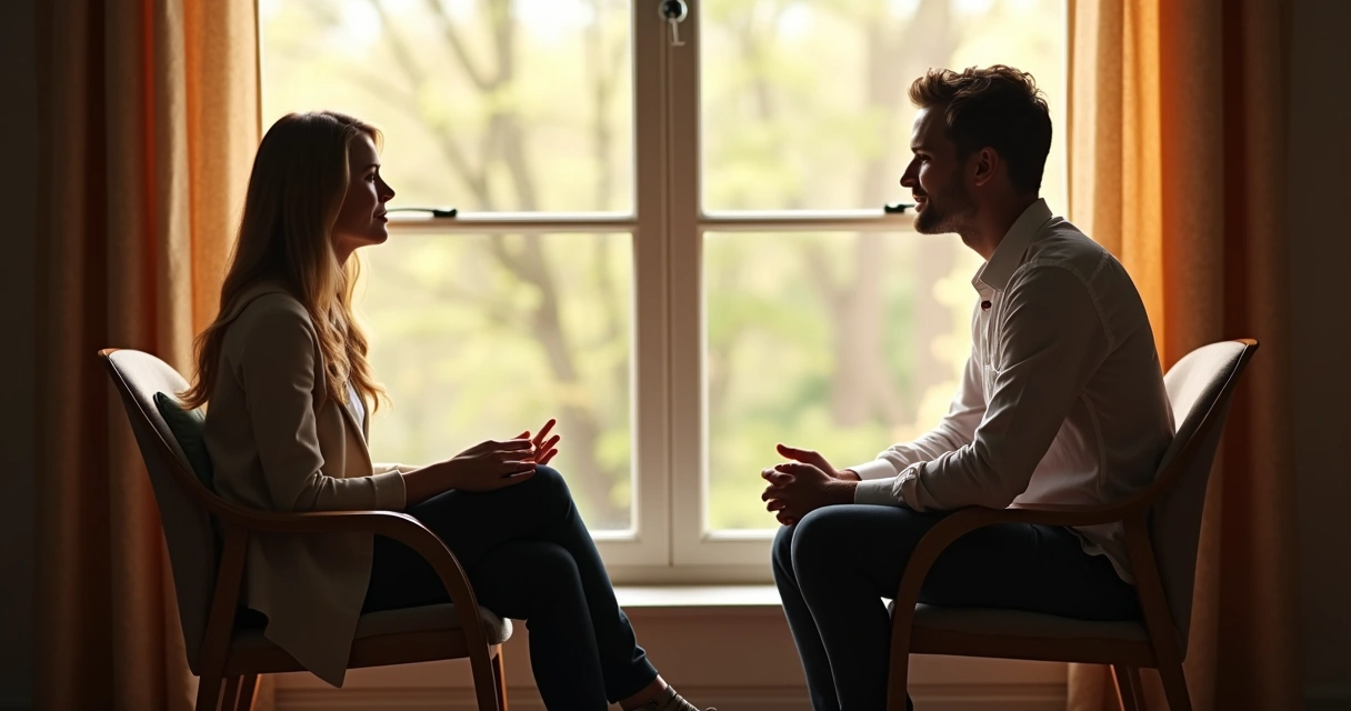 Two people sitting in quiet conversation near a window