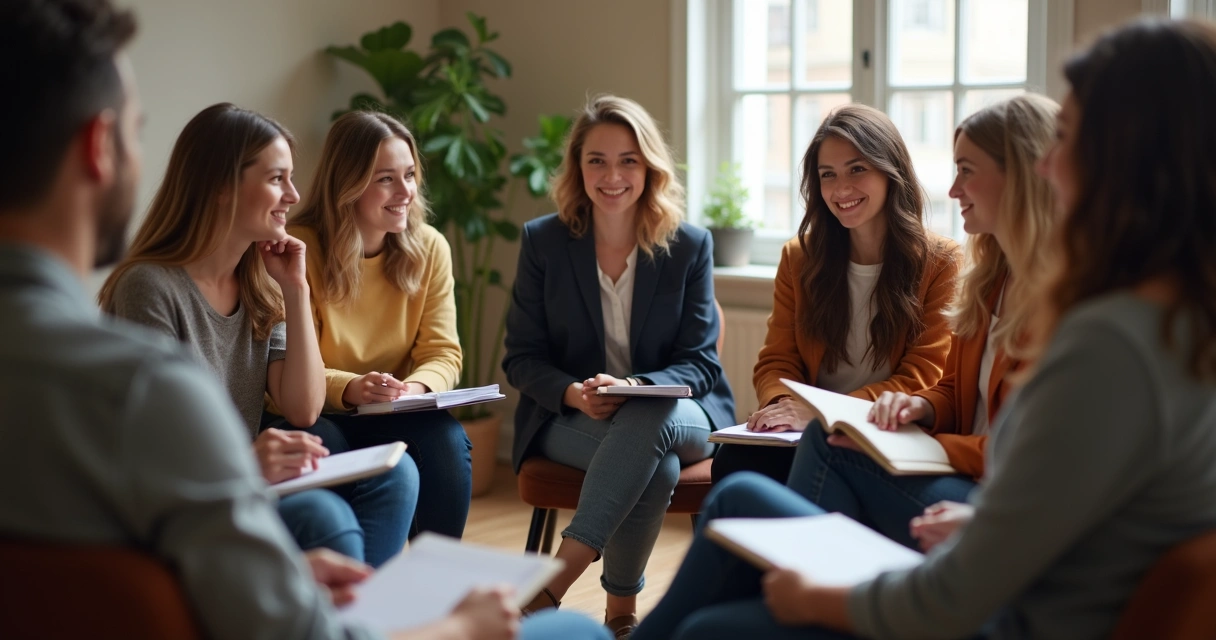 Conversation circle with people sitting, listening attentively, relaxed postures 