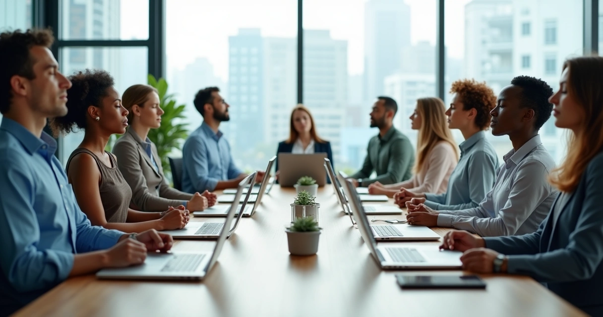 Diverse team meditating together in a modern office meeting room 