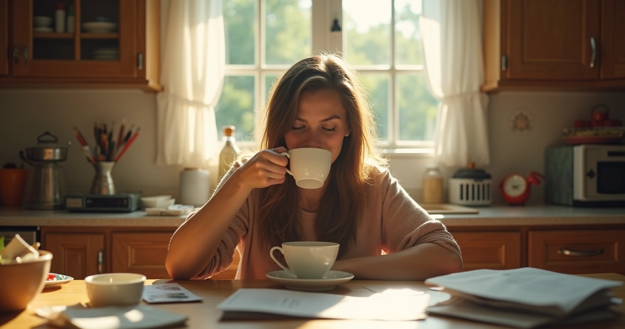 Person calmly drinking tea while reading a book at a cluttered kitchen table 