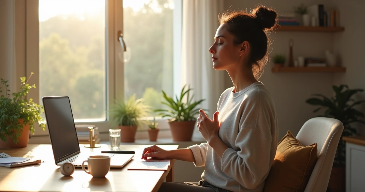 Person at a calm desk pausing mindfully amid everyday objects 