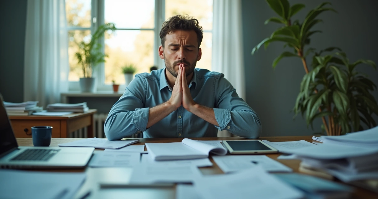 Person closing eyes and practicing mindful breathing at a desk while papers and devices are scattered nearby