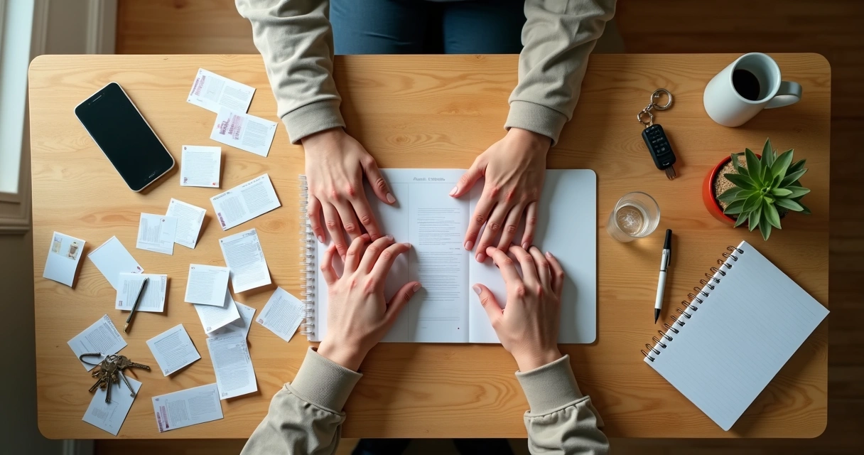 Overhead view of a person calmly rearranging cards into three clear paths on a desk 