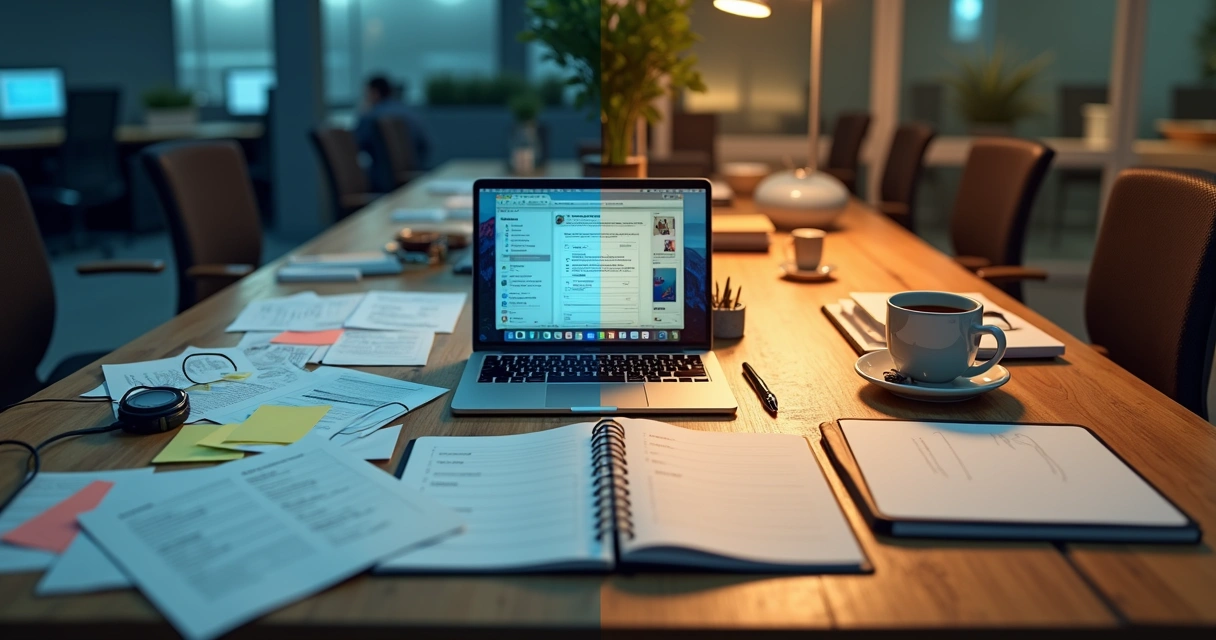 Split workspace showing cluttered decision fatigue and calm mindful focus 