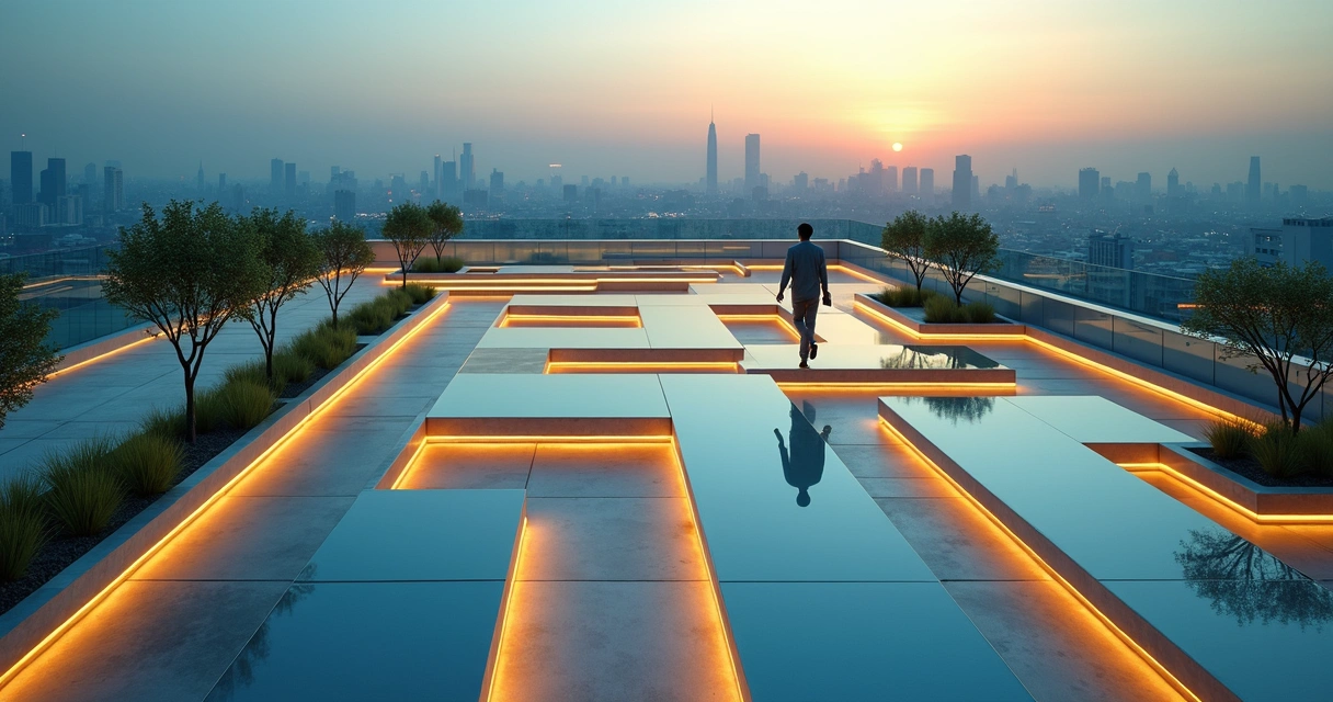 Aerial view of a business leader walking through a labyrinth made of glass walls 