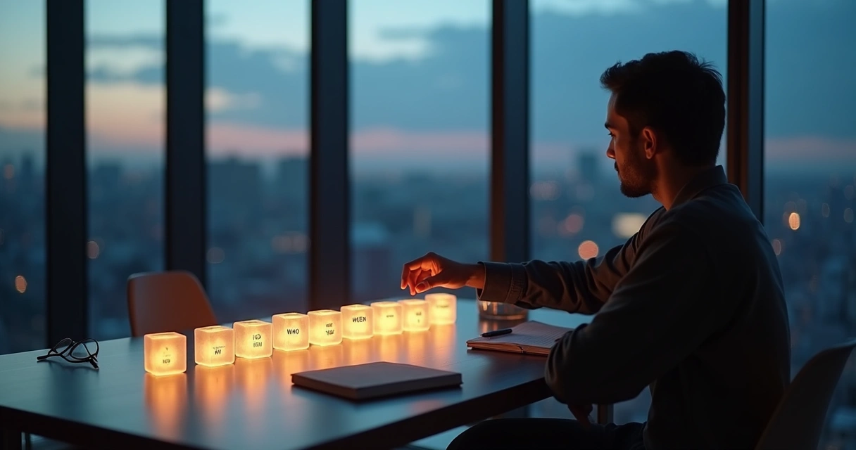 Person arranging glowing cubes on a table filled with questions 