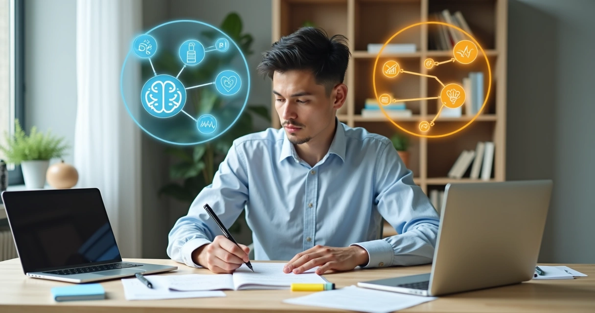 Person at desk analyzing options with balanced rational and emotional symbols 