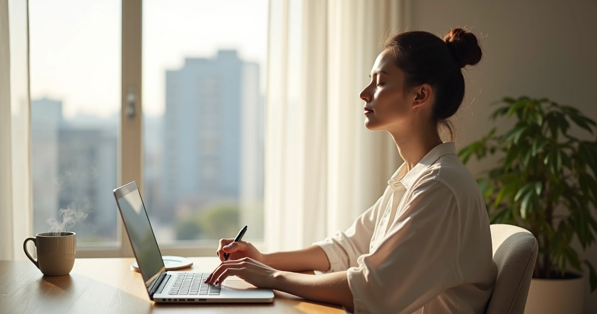 Person pausing calmly before making a big decision at a desk 