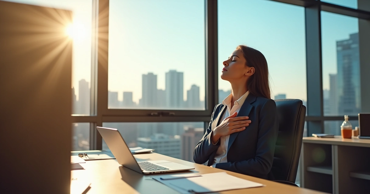 Employee taking mindful breaths at their desk overlooking city buildings 