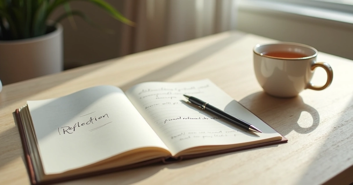 Journal, tea, and pen beside a calm workspace 
