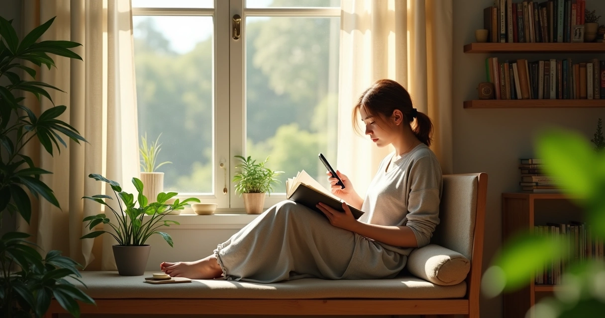 Person sitting on a wooden bench by a window, reading a book with a smartphone face down beside them 