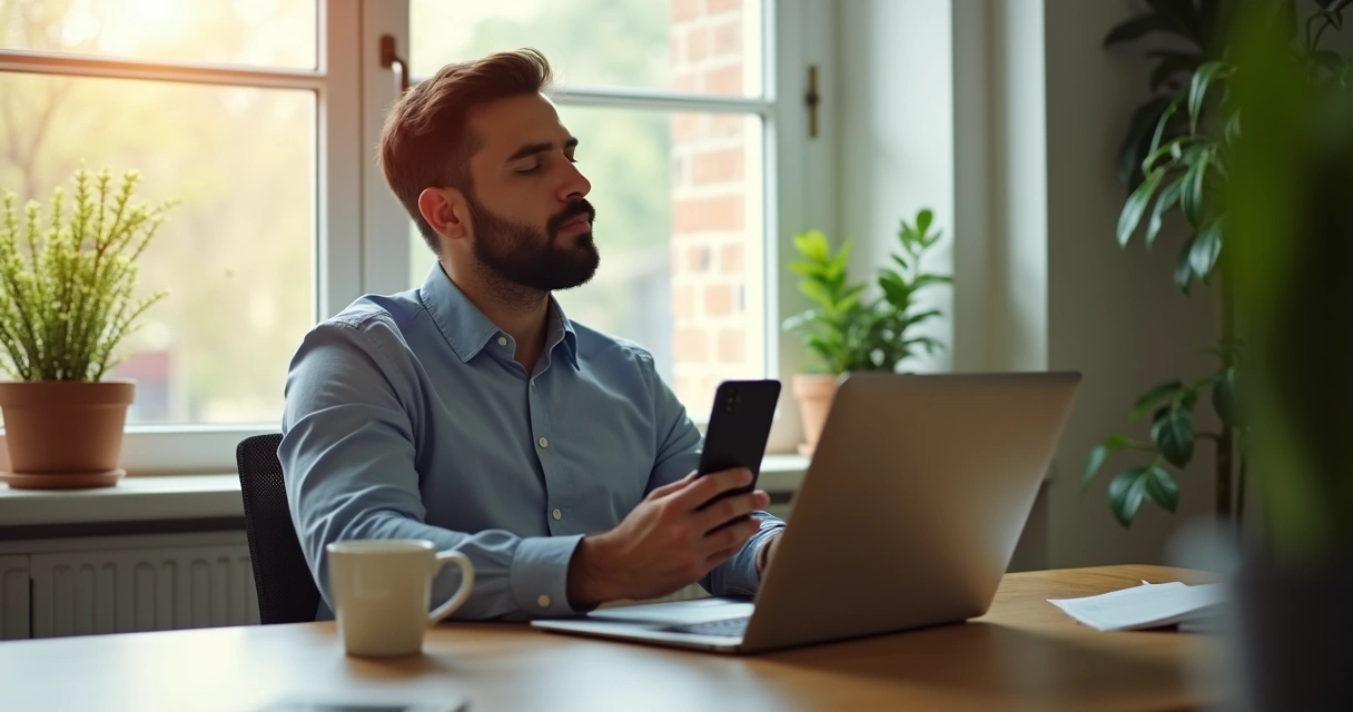 Man pausing before using his smartphone in a home office