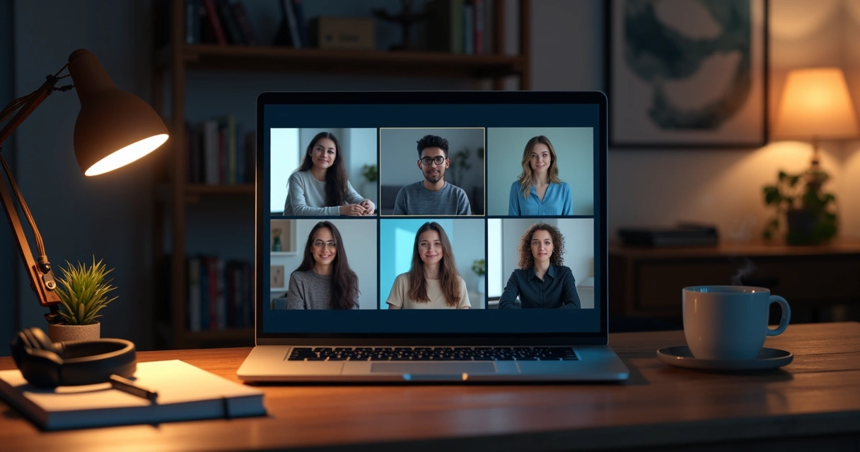Online teacher and students in quiet focused video class with warm lighting 