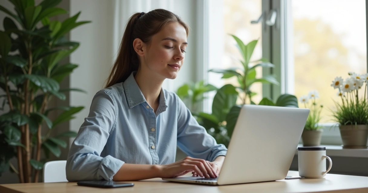 Person at a desk using laptop and phone, pausing with closed eyes, natural light, calm setting 