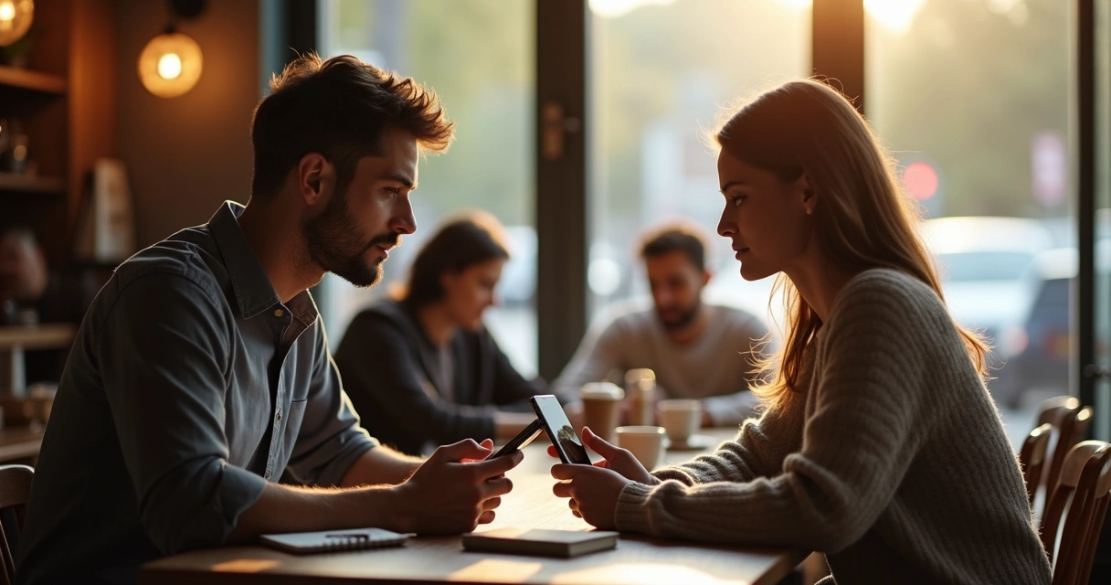 Man and woman at a table focusing calmly on a shared smartphone screen 