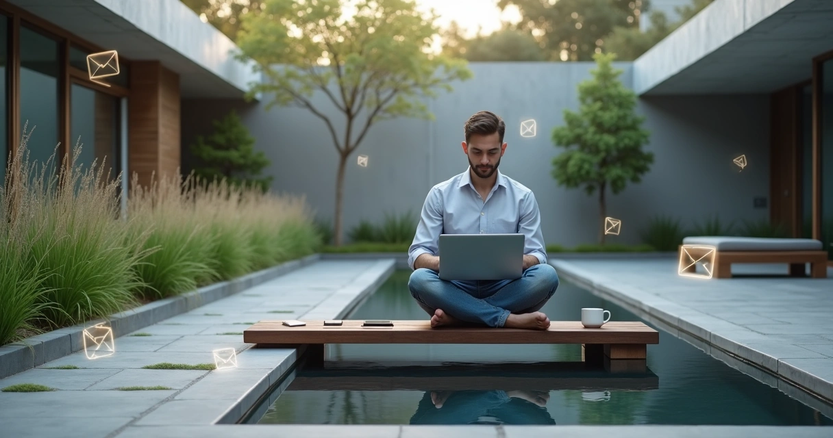 Leader using laptop calmly in a garden surrounded by floating digital icons 